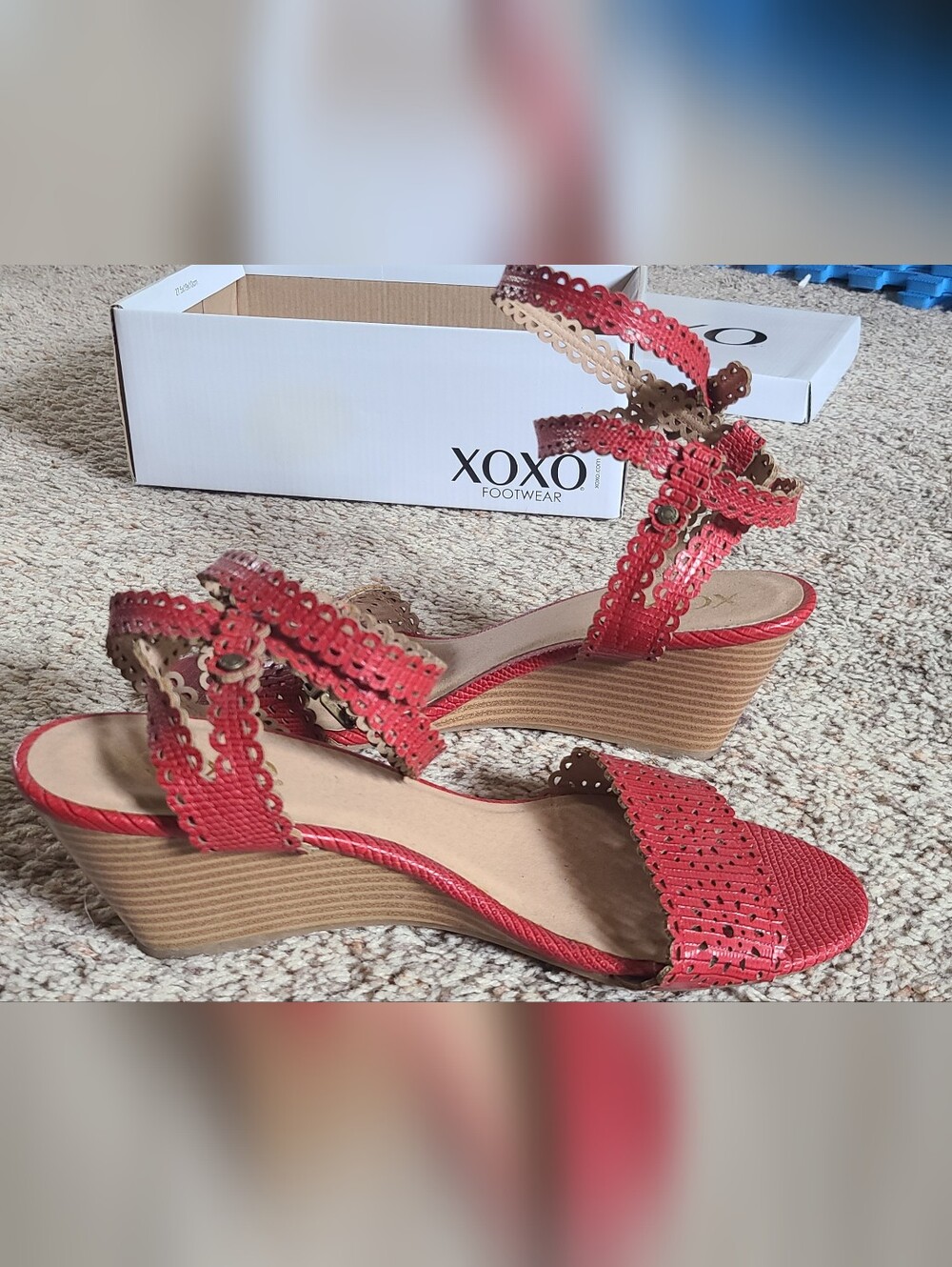 XOXO Red Laser-Cut Ankle-Strap Wedge Sandals